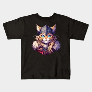 Cute Viking Warrior Cat Norse Mythology Anime Portrait Kids T-Shirt